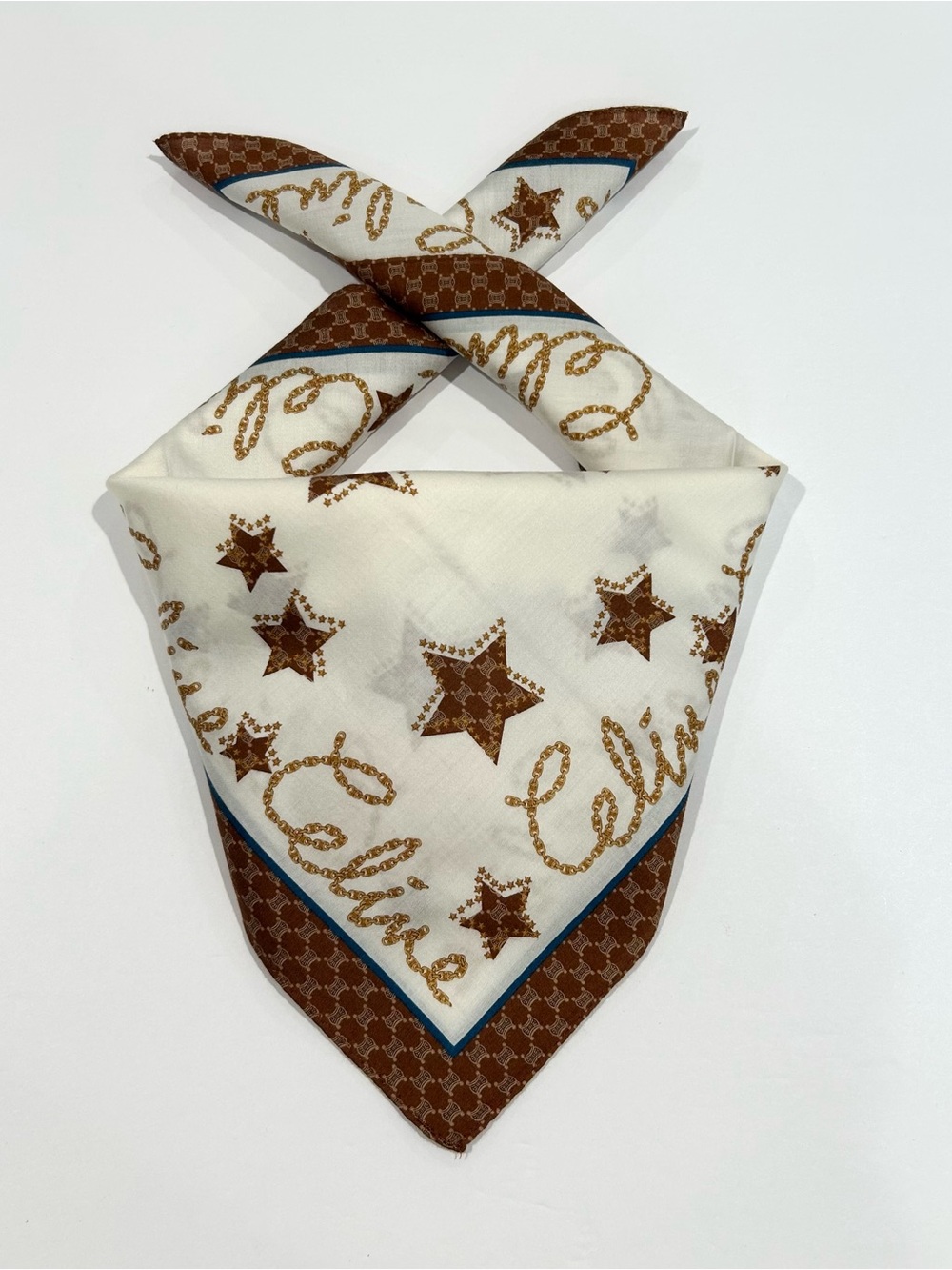 Women Handkerchief Celine Logo Brown Gold Chain Star Cotton Pocket Square 20”